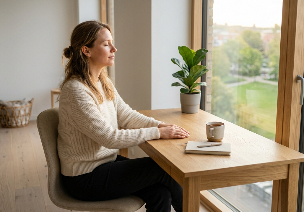 Person am Schreibtisch, die bewusst eine Pause macht