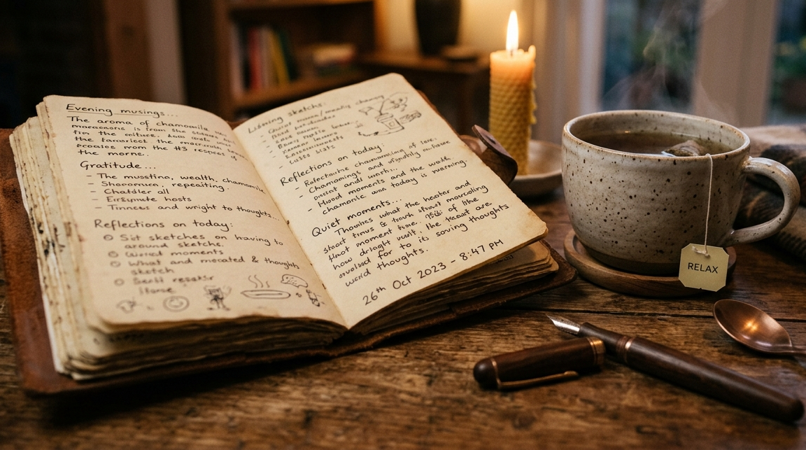 Notizbuch mit handgeschriebenen Reflexionen neben einer Tasse Tee