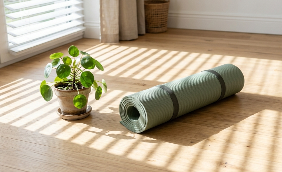 Ruhige Morgenszene mit Yogamatte und natürlichem Licht